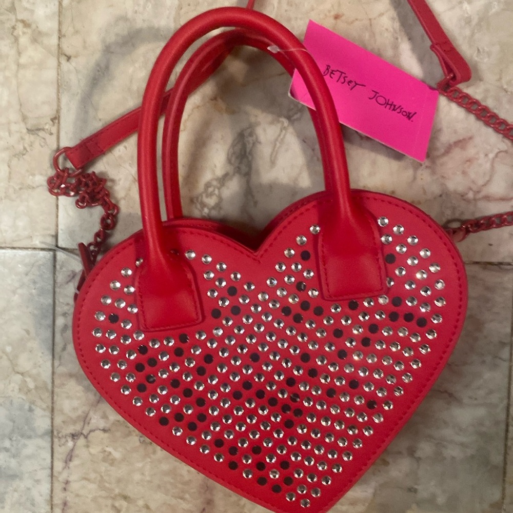 Betsey Johnson Red Heart-Shaped Studded Crossbody Bag